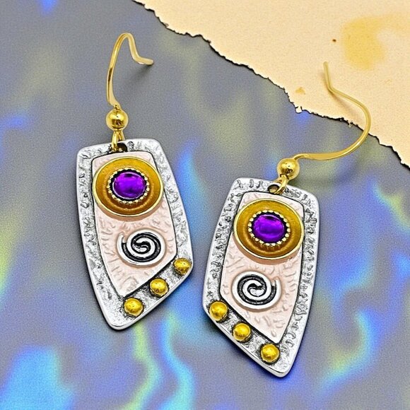 🆕️Bohemian Glam - Purple Gem & Spirals Dangle Trendy Fashion Earrings 🌈🌟 - Picture 10 of 12